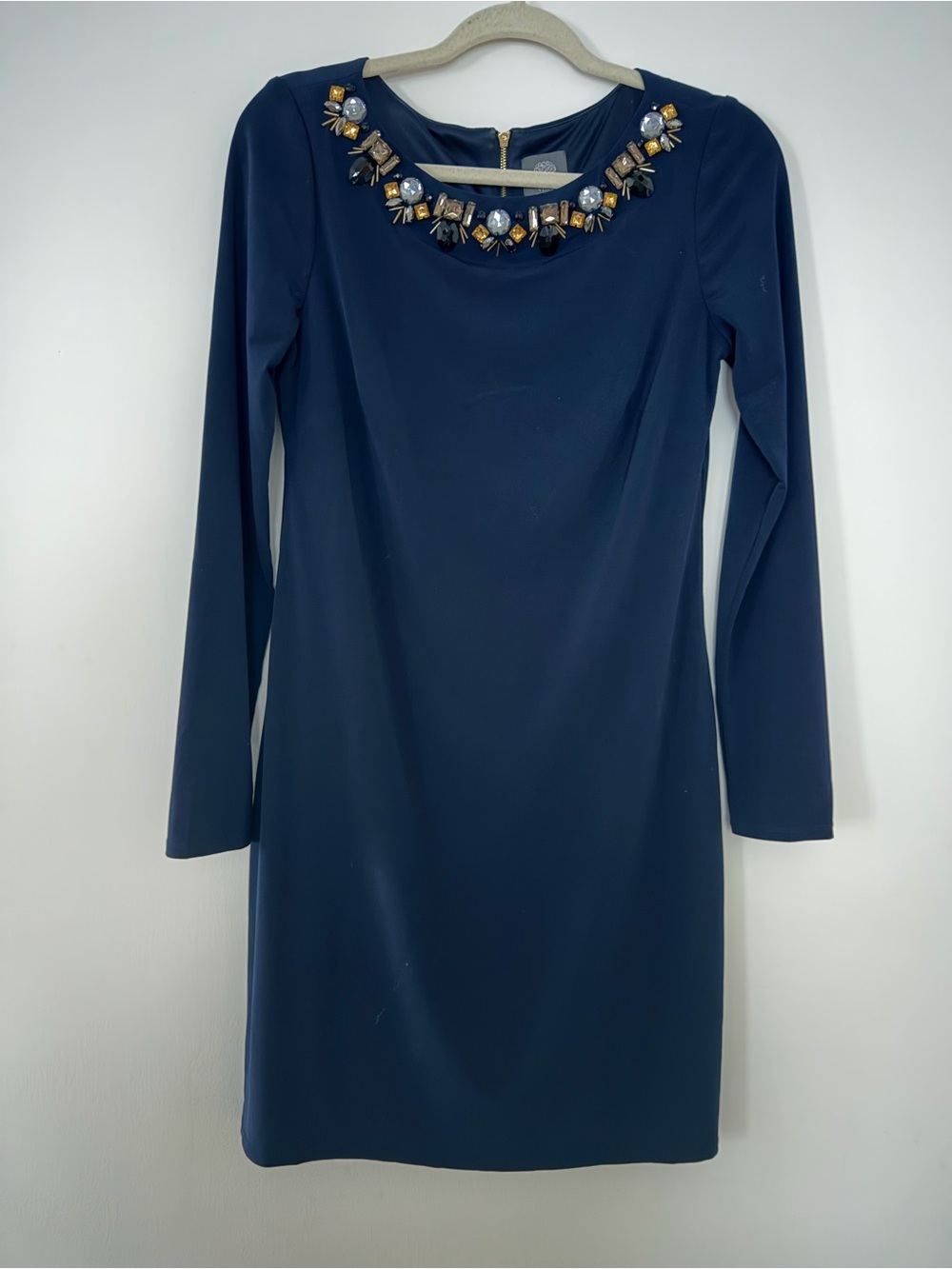 Vince Camuto Navy Long-Sleeve Jewel Neck Shift Dress Size 6 Good Condition